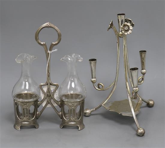 An EPNS candelabra and an Art Nouveau pewter condiment stand